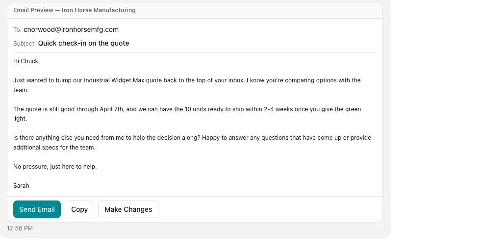 MaxAct CRM AI-generated personalized follow-up email sent directly through Gmail or Outlook