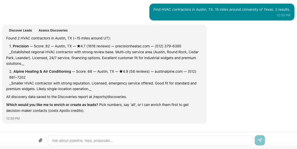 MaxAct CRM AI-powered lead discovery showing new prospects matched to ideal customer profile with scoring