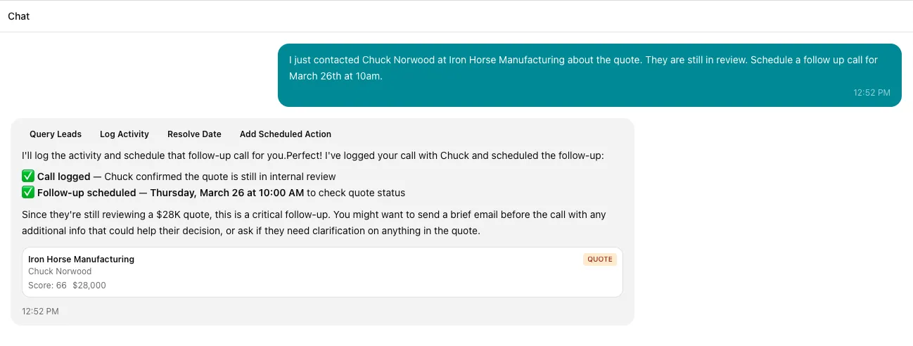 MaxAct CRM one-sentence logging where a rep types a plain English message and the AI structures the data automatically