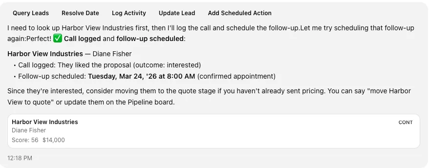 MaxAct CRM AI response showing activity logged, lead record updated, follow-up scheduled, and email drafted automatically