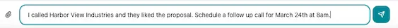 MaxAct CRM chat interface where a sales rep types a plain English message to the AI assistant
