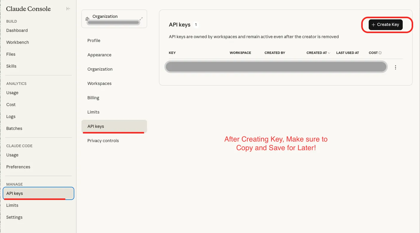 Anthropic console API key creation dialog