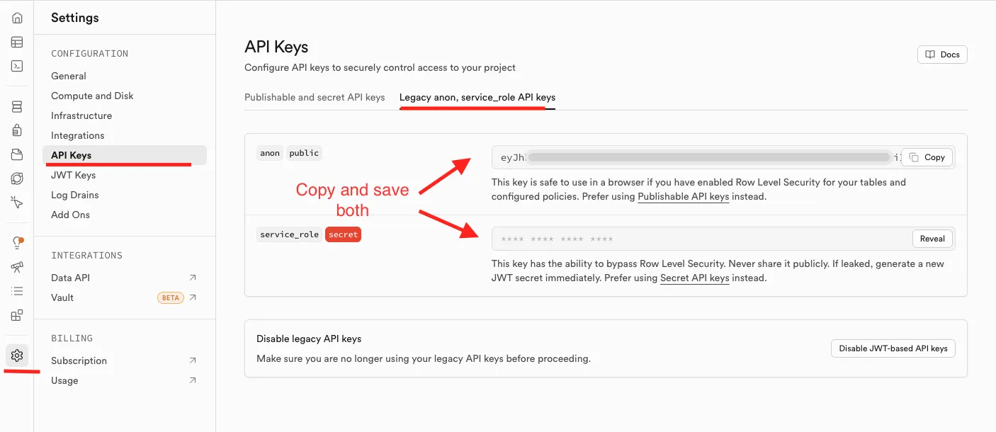 Supabase Settings API Keys page showing anon key and service_role key