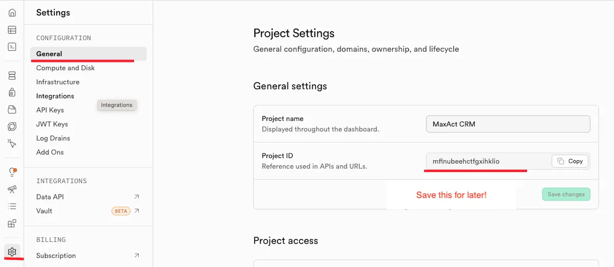 Supabase Settings General page showing Project ID