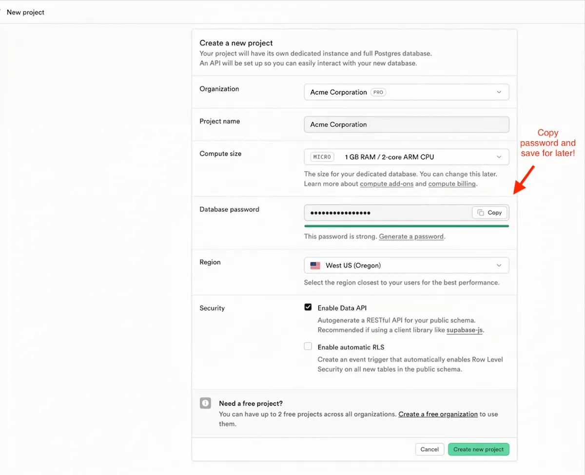 Supabase New project form with fields filled in