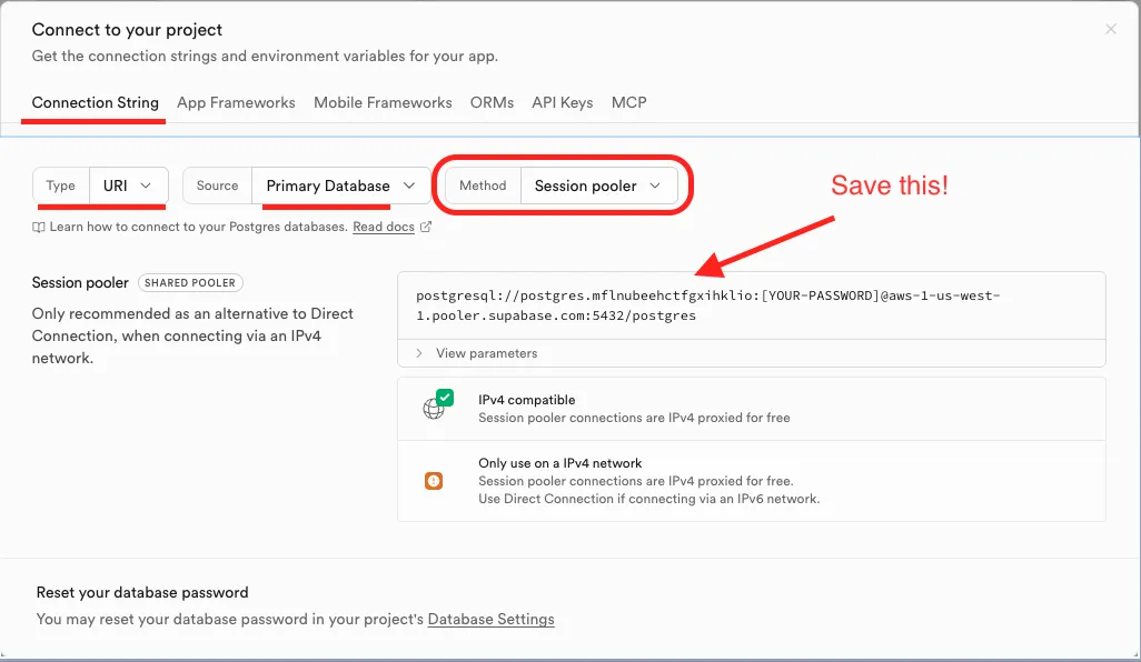Supabase Connect dialog showing Session Pooler connection string in URI format