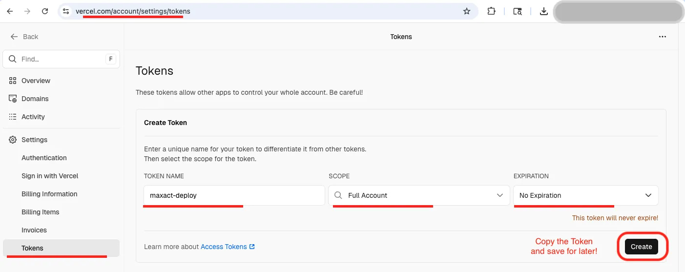 Vercel Create Token dialog with fields filled in