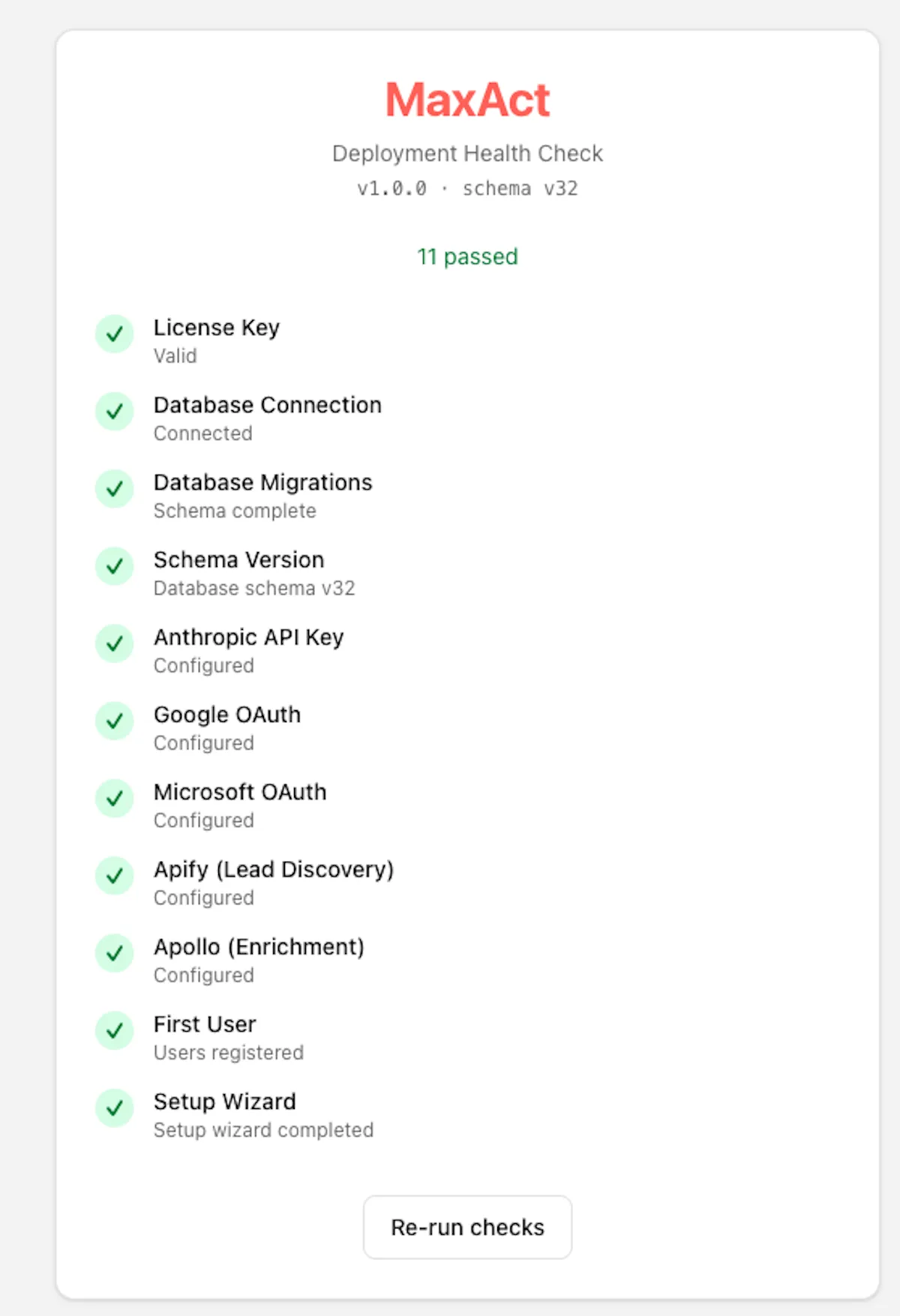 Setup verify page with all critical checks passing in green